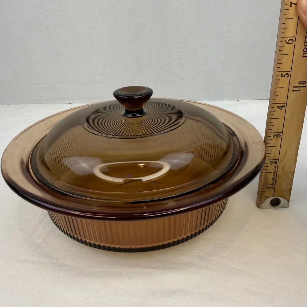 Vintage Corning Vision Amber Glass Casserole Dish with Pyrex Lid 1.5L Ribbed